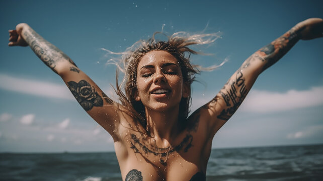 outdoor hipster portrait, model, pretty woman, denim shorts,  tattoo. pretty woman posing in the sea, blue sky, wild hair, hand up , hipster girl, generative AI 