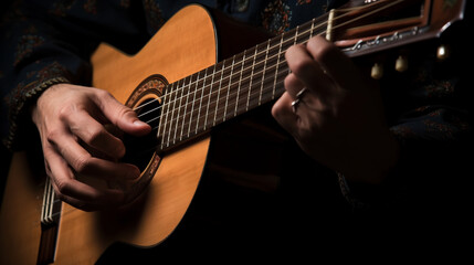 Fototapeta premium Partial view of a musician playing spanish guitar. Image Generative AI.
