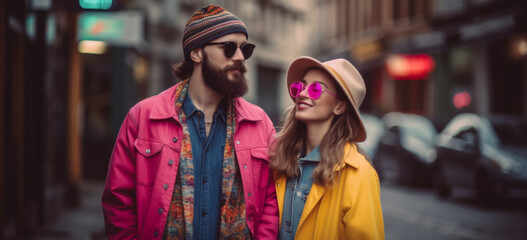 Man and woman walking in the street wearing colorful trendy clothes. Image Generative AI.