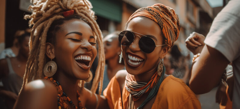Beautiful young afro girls having fun in a caribbean small town.  Image Generative AI.