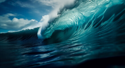 A wave breaking on the ocean surface, a large inverted wave in a blue ocean.
