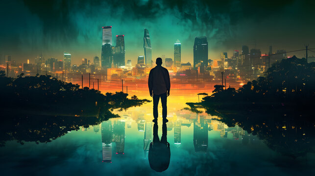 a picture of a man in front of city at night looking forward, in the style of surreal dreamlike landscapes, environmental awareness, reflections, photo-