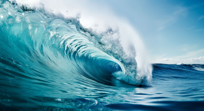 A wave breaking on the ocean surface, a large inverted wave in a blue ocean.
