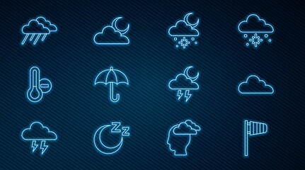 Set line Cone windsock wind vane, Cloud, with snow and sun, Umbrella, Meteorology thermometer, rain, Storm and moon icon. Vector