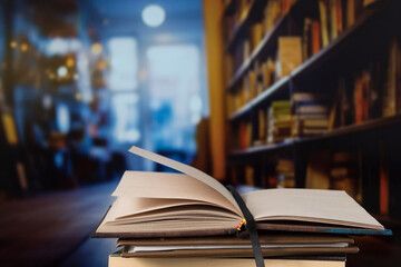 Blank book with library out of focus