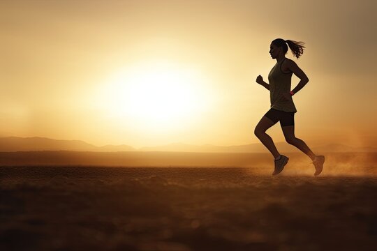 Active Woman Running in the Early Morning Light. Generative AI.