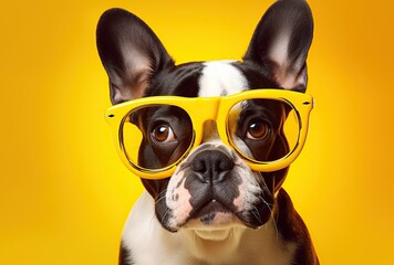 Funky French Bulldog in Glasses on Yellow Background. Generative AI.