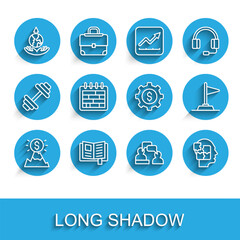 Fototapeta premium Set line Mountains with flag, Reading book, World expansion, Two sitting men talking, Head puzzles strategy, Calendar, Flag and Gear dollar icon. Vector