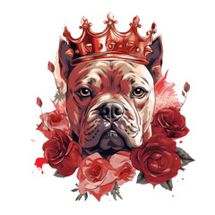 Portrait of a Staffordshire Bull Terrier in a golden crown and red roses. Vector illustration. Cute Pit bull in flowers - obrazy, fototapety, plakaty