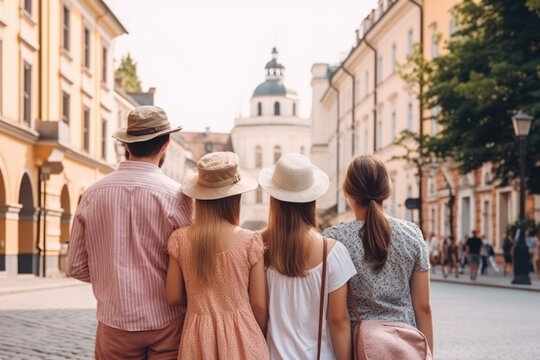 backshot photo of young family on summer holiday adventure, vacation travel city trip concept, generative ai