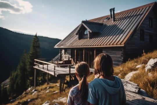 backshot photo of young family on summer holiday adventure, vacation travel mountain hiking cabin concept, generative ai