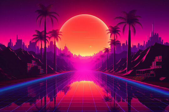 retrowave or synthwave style poster wallpaper background. night grid poster. generative ai