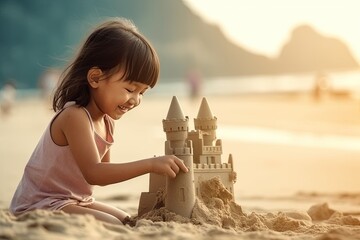 Happy Asian Girl Building Sand Castle on the Beach. Generative AI.