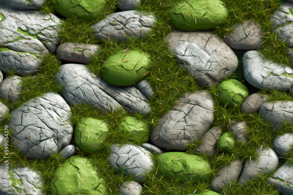 Poster tile. seamless pattern. green moss on stone background, computer digital drawing. generative ai