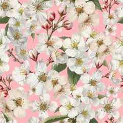 Apple flowers pattern. Cherry blossoms seamless pattern. Vector illustration of a pattern of peach branches. For printing on print, textile, geometric spring pattern