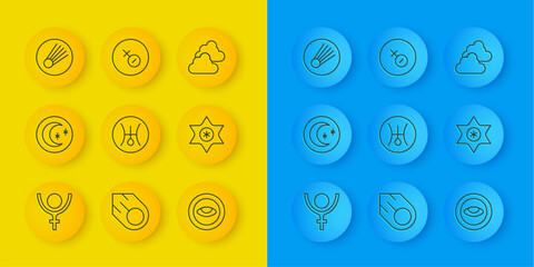 Set line Symbol Pluto, Moon and stars, Uranus, Medallion with eye, Falling, Comet, Cloudy weather and Venus symbol icon. Vector