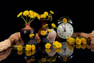 Spring still life: dandelion flowers in vases, an old alarm clock, on a dark background, reflection from objects © MARYIA