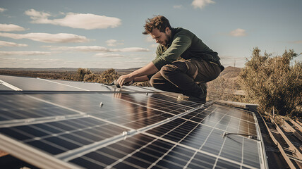 Solar panels installing, handyman electrical technician working on the roof, alternative solar renewable green energy generation concept