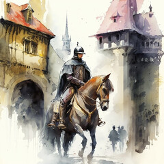 Naklejka premium Medieval Knight Watercolor Art v3, 300 DPI PNGs, High Resolution, Knights in Amour, Knight Headshots, Knight on Horseback - Generative AI