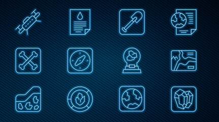 Set line Gem stone, Topographic map, Shovel, Compass, Archeology, Drone, Exhibition with minerals, rocks and Oil drop document icon. Vector