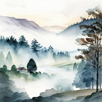 Mountain Forest Waterfall Trees Sunrise & Night time Watercolor Background Scenery - Generative AI