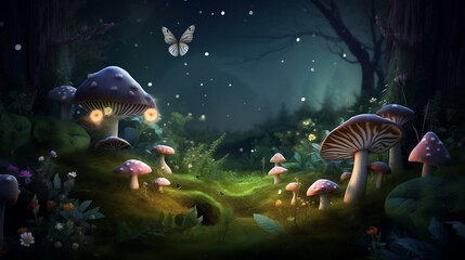 Beautiful and mysterious enchanted forest with mushrooms, fireflies, butterflies and other creatures and plants, in the middle, outdoor nature background (generative AI)