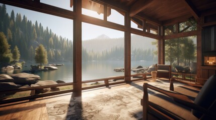 Modern and rustic luxury chalet in the mountains. Generative AI illustration.