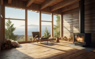 Cozy and modern chalet interior design with a fireplace, and a panoramic view on the coast in the mountain. Generative AI illustration.