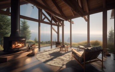 Cozy and spacious luxury secondary house with a fireplace and a panoramic view on a lake in the mountains. Generative AI illustration.