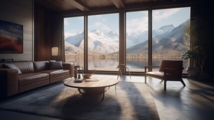 Bright modern living room interior with a perfect panoramic view on the mountains. Generative AI illustration.