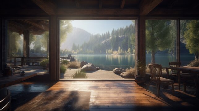 View on a peaceful lake in the mountains from a veranda of a cozy and rustic cabin. Generative AI illustration.