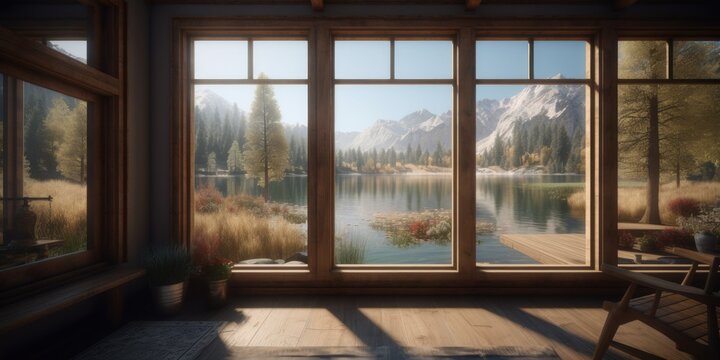 Beautiful view from the window of a house by a lake in the mountains. Generative AI illustration.