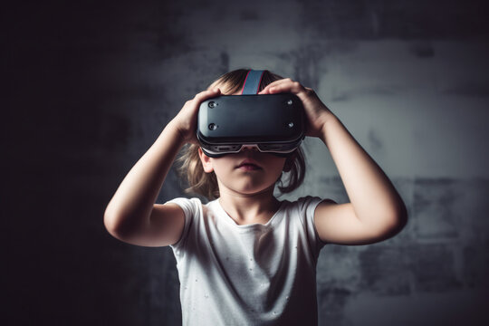 photo of young child wearing VR headsed exploring the metaverse, digital native, virtual reality, remote school concept, generatrive AI