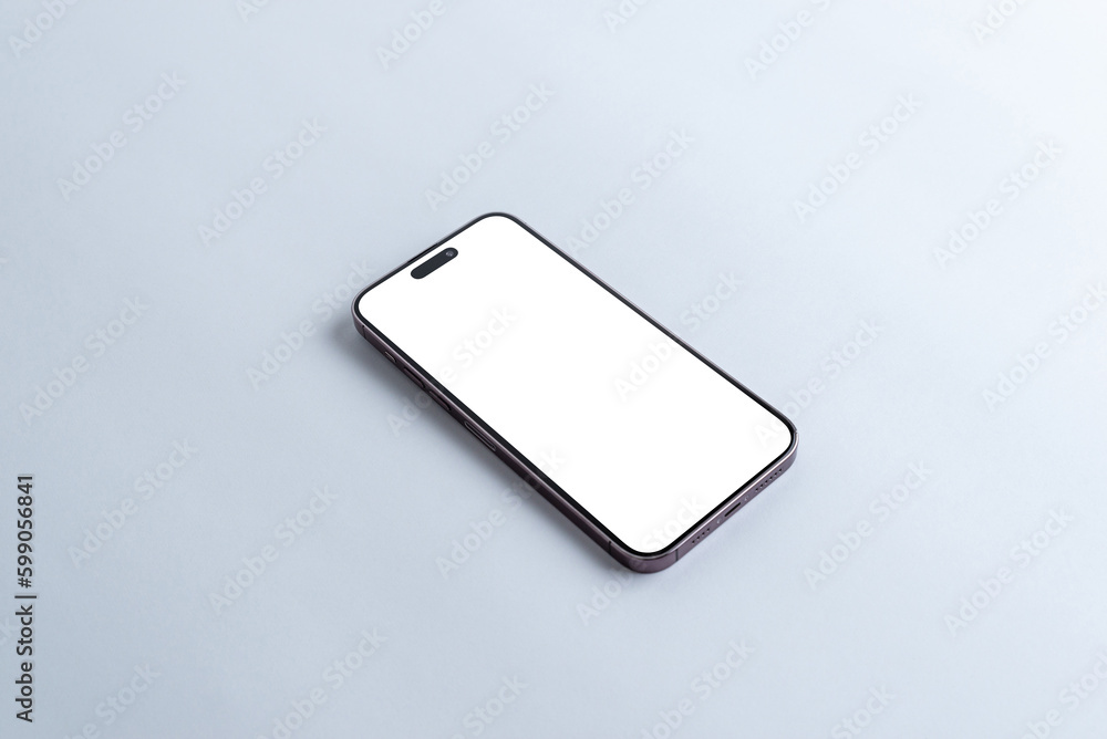 Poster Smartphone with blank white display screen on gray table for app or web page presentation