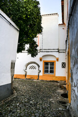 Fototapeta na wymiar Typical Portuguese facades and narrow cobblestone streets in Evora