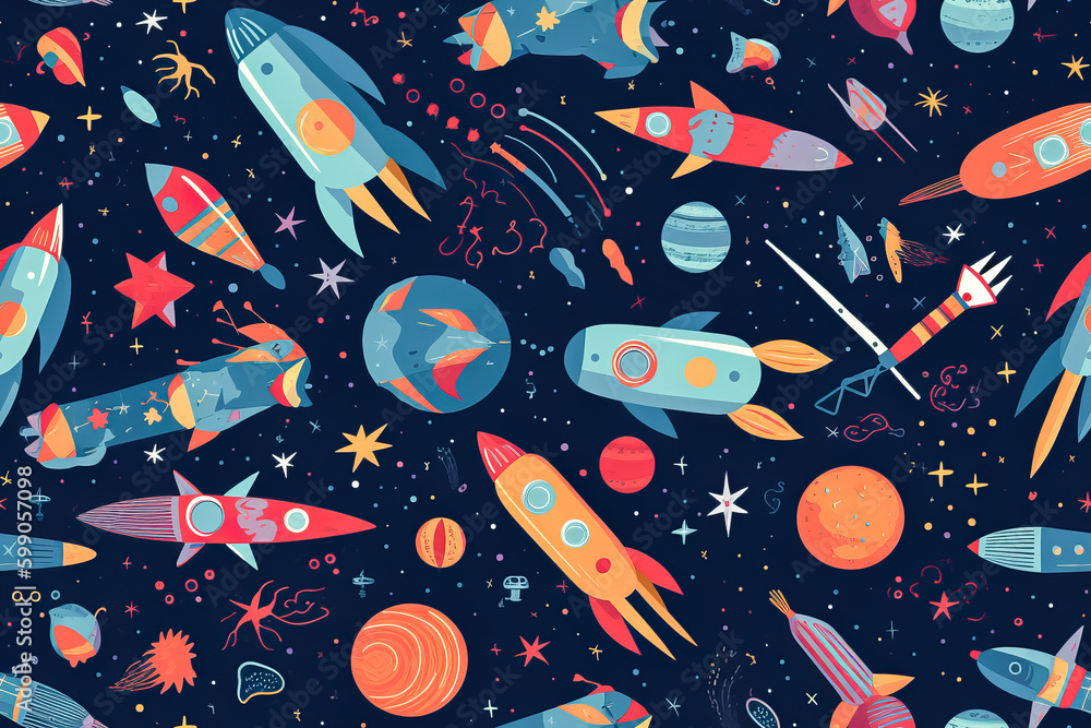 Poster tile. seamless pattern. space rockets and planets. generative ai