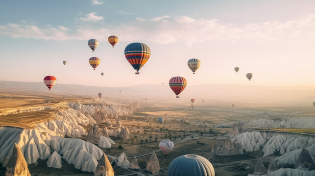 Air balloons on mountain. Illustration AI Generative.