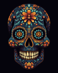 Sugar Skull with flower eyes, Mexican Day of the Dead colorful sugar skull in blue and orange, Generative AI
