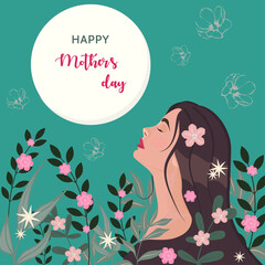 Happy Mother's day colorful floral greeting card. Vivid holiday background with long hair woman and watercolors flowers. Trendy vector illustration design.