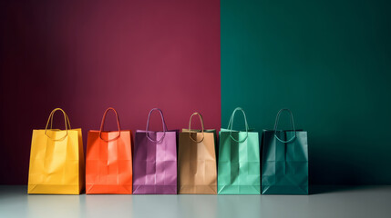 A row of colorful paper shopping bags. Illustration AI Generative