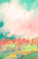 Vibrant, Impressionistic & Uplifting Spring or Summer Flowers in Bloom Under Teal Skies - Digital Painting, Illustration, Design, Art, Artwork, Doodle, Scribble, Background, Backdrop, or Wallpaper