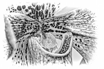 Engraved close-up of an orchid flower Lady Slipper, Paphiopedilum - 599058404