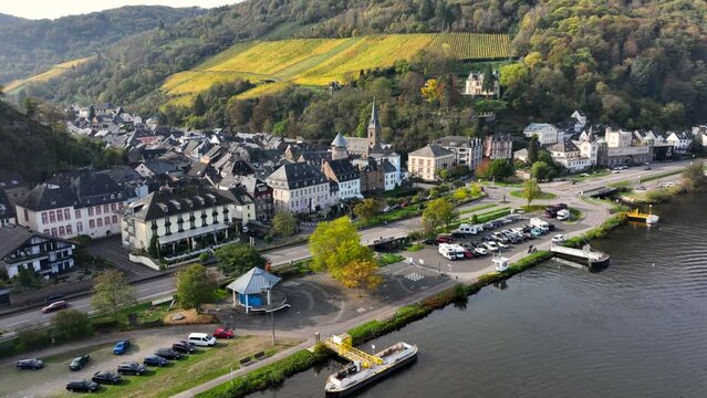 Aerial Drone Shot of Trarbach in autumn Traben-Trarbach City with Morning Fog. River Moselle, Germany. Moselland. Generative AI