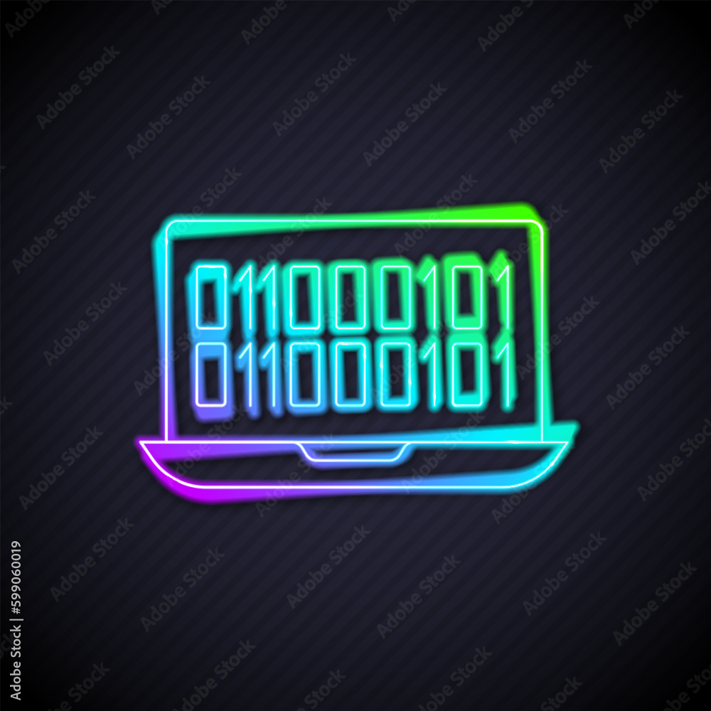 Poster glowing neon line binary code icon isolated on black background. vector