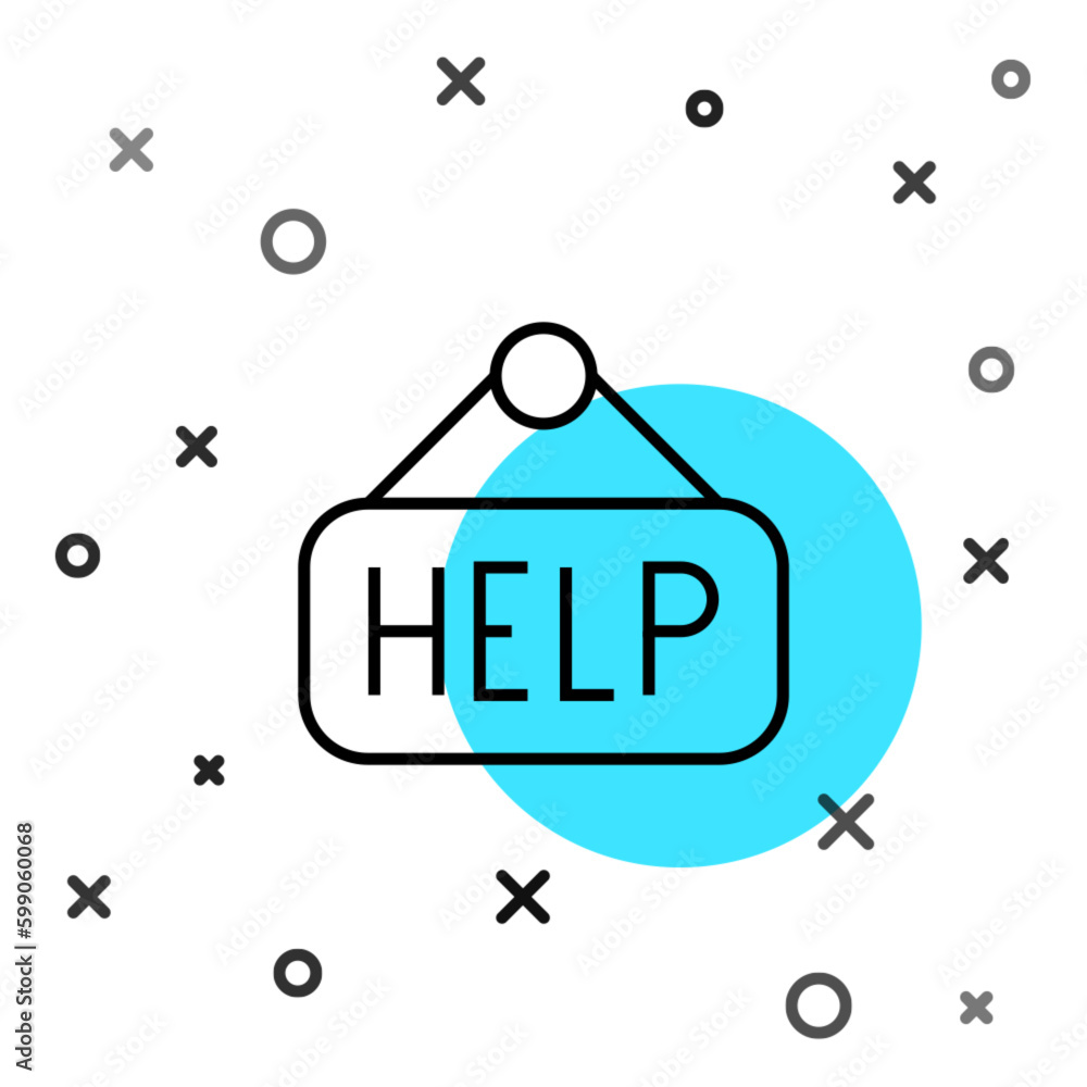 Poster black line signboard with text help icon isolated on white background. random dynamic shapes. vector