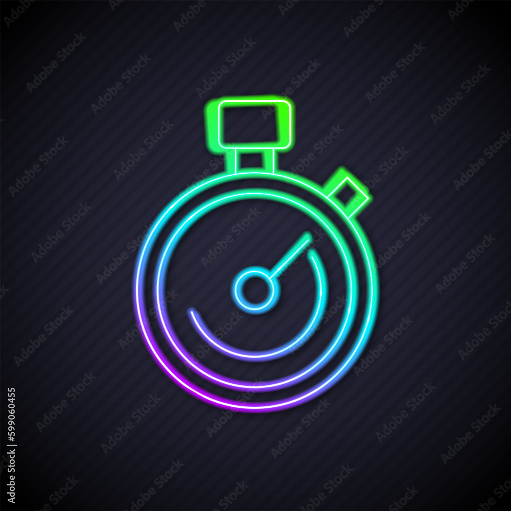 Poster glowing neon line stopwatch icon isolated on black background. time timer sign. chronometer sign. ve