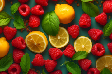 Obraz na płótnie Canvas Background with raspberry, lemon and mint. Neural network AI generated art