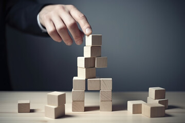 close shot of business man placing wooden bricks on table, project management and strategic planing concept, generative ai