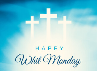 Happy Whit Monday religious background with white shapes and blue typography. Whit Monday concept backdrop