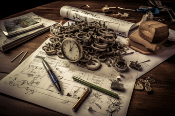 pile of pencils, clockwork gears and analogous clock or stopwatch lying on construction plans or blueprints, time management, project management and strategic planning concept, generative AI